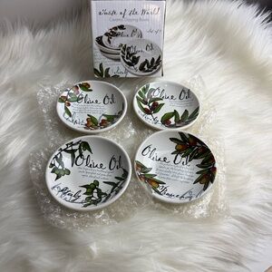 Olive Oil Ceramic Dipping Bowls - White with Green Accent (Set of 4)
